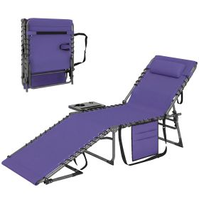 Folding Outdoor Chaise Lounge Chair Tanning Chair with 5-Level Adjustable Back, Side Table, Pillow, Pocket, Purple